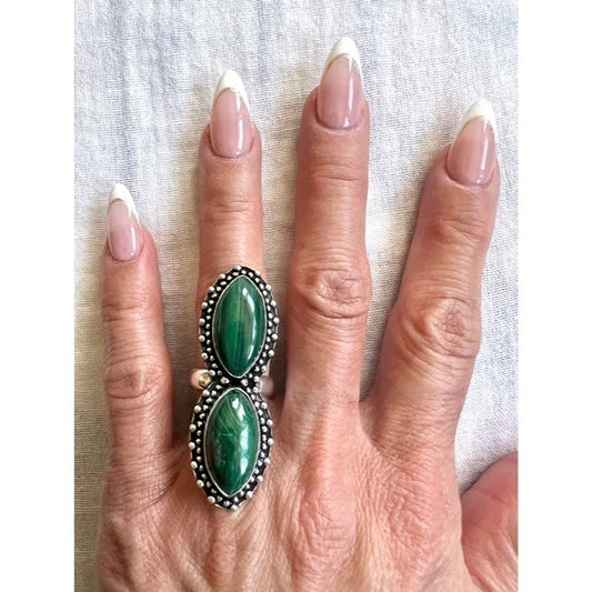 925 WOW! Double Malachite Long Infinity Ring 6.25