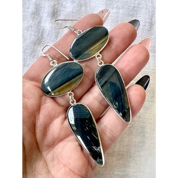 925 LONG GORGEOUS Blue Black Brown Tigers Eye Earrings