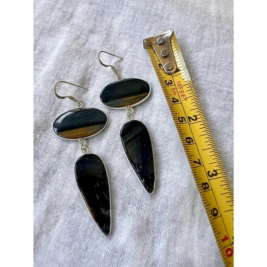 925 LONG GORGEOUS Blue Black Brown Tigers Eye Earrings