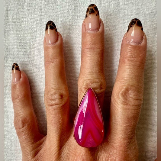Copper PINK BANDED AGATE Teardrop Ring 10.25