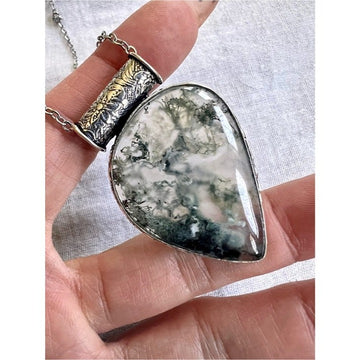 925 Earth Stone! Moss Agate Pendant Necklace