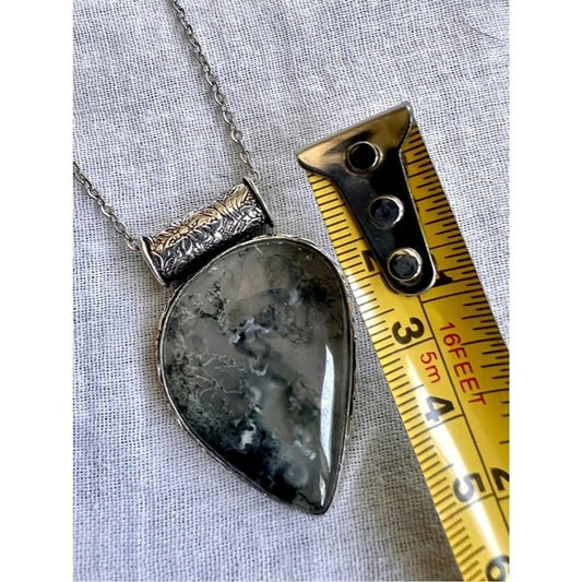 925 Earth Stone! Moss Agate Pendant Necklace