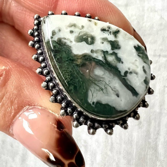 925 Mother Earth Moss Tree Agate Ring 7.5