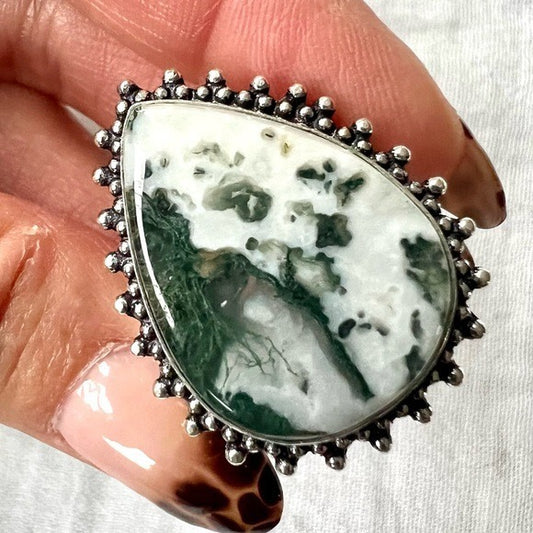 925 Mother Earth Moss Tree Agate Ring 7.5