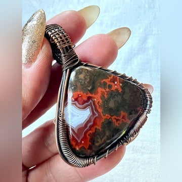 925 Copper Wire Wrapped Crazy Lace Agate Pendant Necklace
