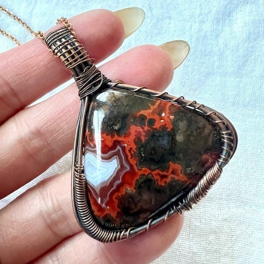 925 Copper Wire Wrapped Crazy Lace Agate Pendant Necklace
