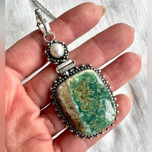 925 Personal Power Chrysocolla + Pearl Necklace Pendant