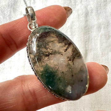 925 Earth Stone Moss Agate Pendant Necklace