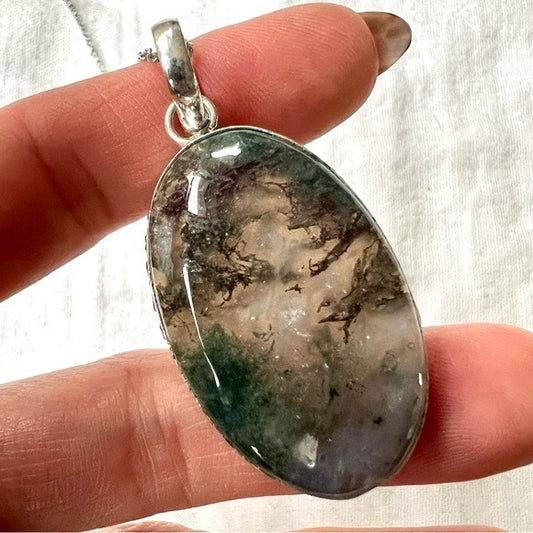 925 Earth Stone Moss Agate Pendant Necklace
