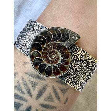 925 AMMONITE Fossil Past Lives Embossed Cuff Bracelet