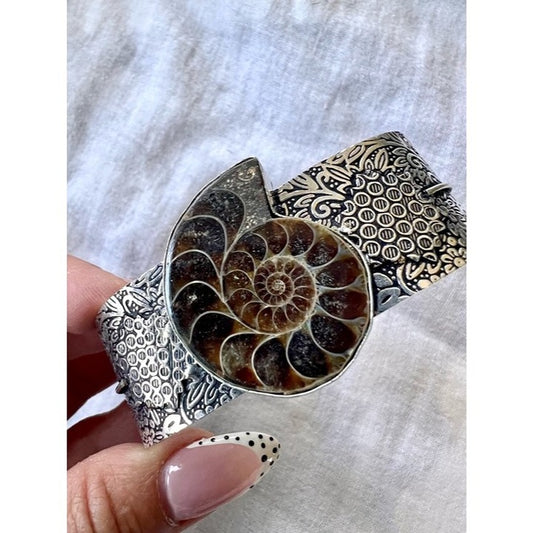 925 AMMONITE Fossil Past Lives Embossed Cuff Bracelet