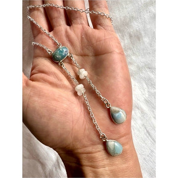 925 Free Spirit! Larimar + Moonstone Lariat Style Necklace