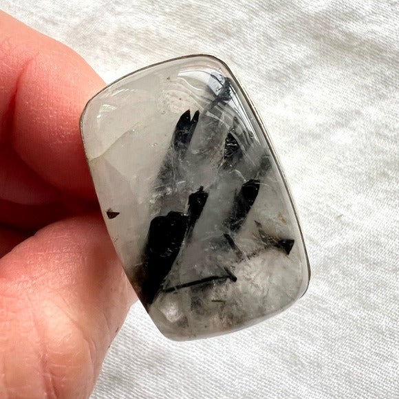 925 Chunky Black Tourmaline Tourmalated Quartz Ring 6.5