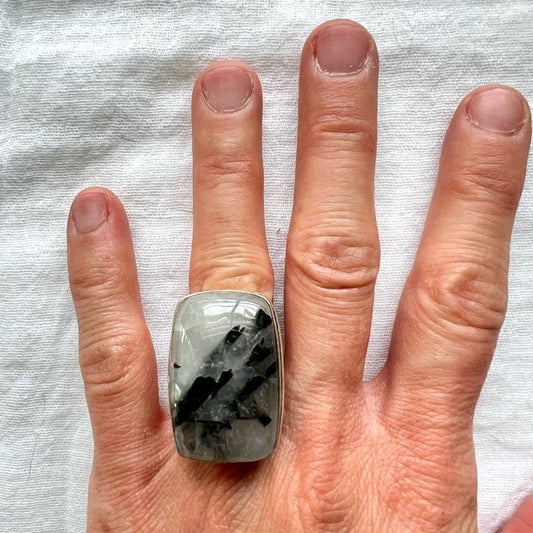 925 Chunky Black Tourmaline Tourmalated Quartz Ring 6.5