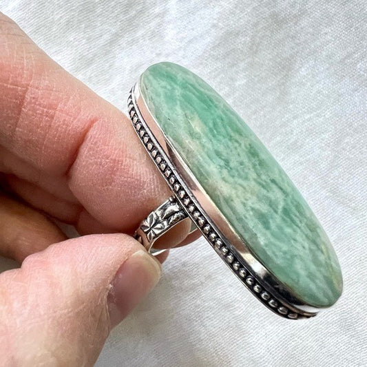 925 Long STUNNING Amazonite Ring w/ Stamped Band 8