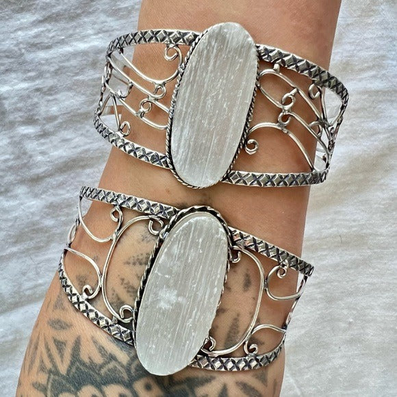 925 RAW Selenite Crystal Charging Cuff Bracelet