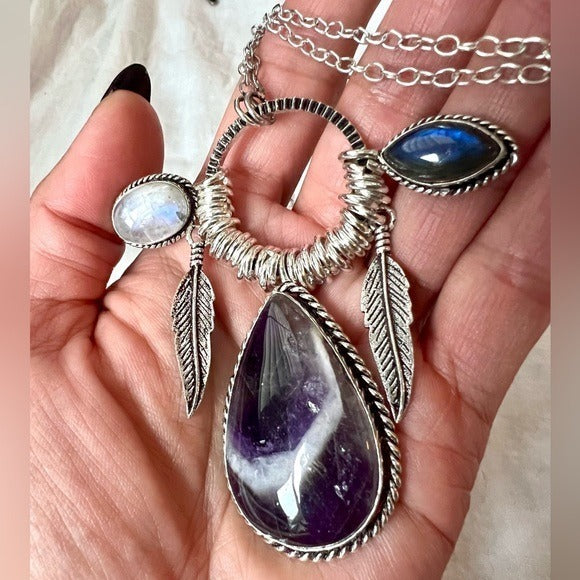 925 OMG OMG Amethysy + Flash Labradorite + Moonstone Charm Necklace Pendant