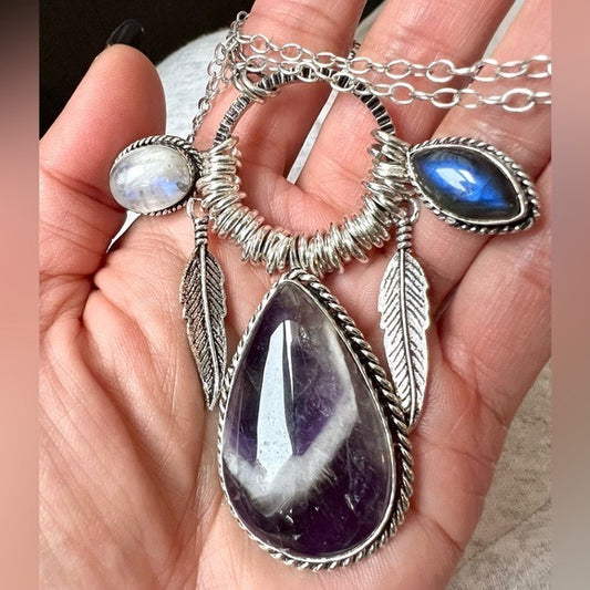 925 OMG OMG Amethysy + Flash Labradorite + Moonstone Charm Necklace Pendant