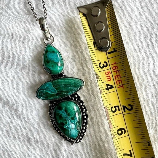 925 Chrysocolla Malachite! Triple Stone Pendant Necklace
