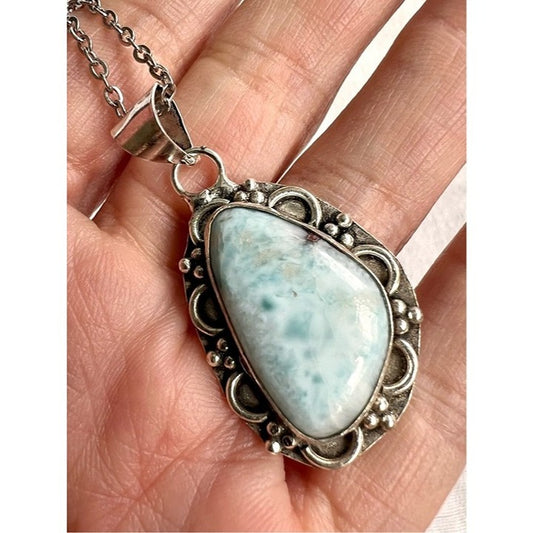 925 Caribbean Larimar Organic Shaped Pendant Necklace