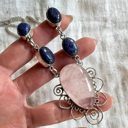 925 Rose Quartz + Lapis Lazuli Necklace Pendant