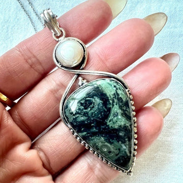 925 African Kambaba Jasper + Pearl Pendant Necklace