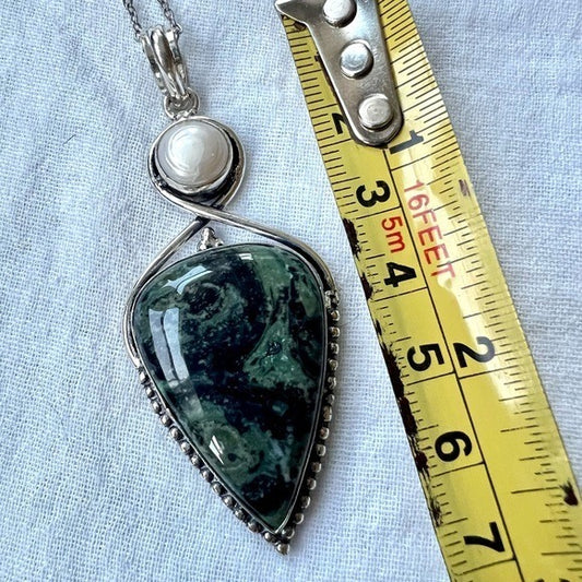 925 African Kambaba Jasper + Pearl Pendant Necklace