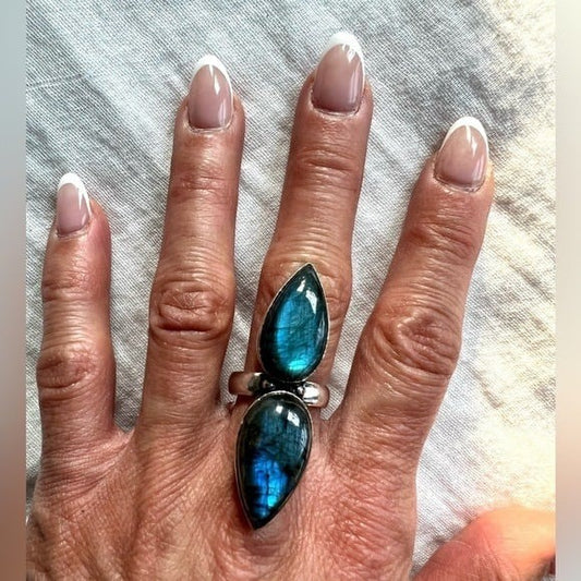 925 OMG! Double Bright BLUE FLASH Labradorite Ring 8