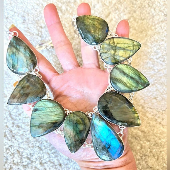 925 GODDESS Flash Labradorite Collar Bib Necklace