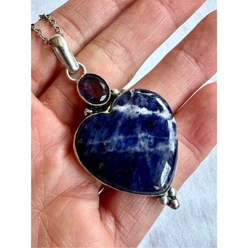 925 Sodalite Sacred Heart + Amethyst Pendant Necklace