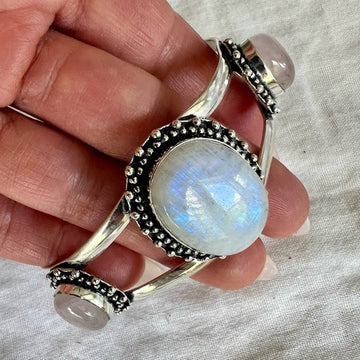 925 Love Mode Rainbow Flash Moonstone + Rose Quartz Cuff Bracelet