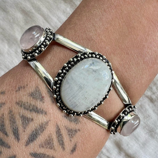 925 Love Mode Rainbow Flash Moonstone + Rose Quartz Cuff Bracelet