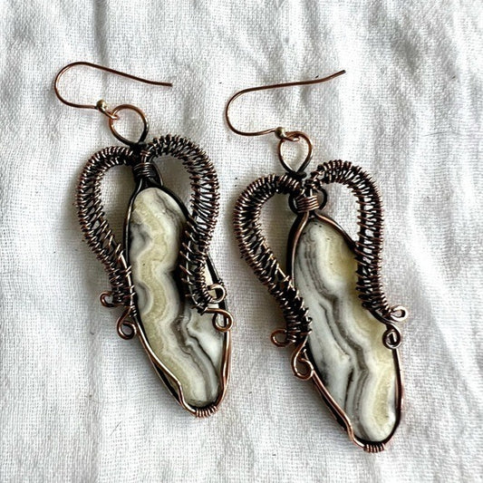 925 Spiritual Banded Calcite Copper Wire Wrapped Earrings
