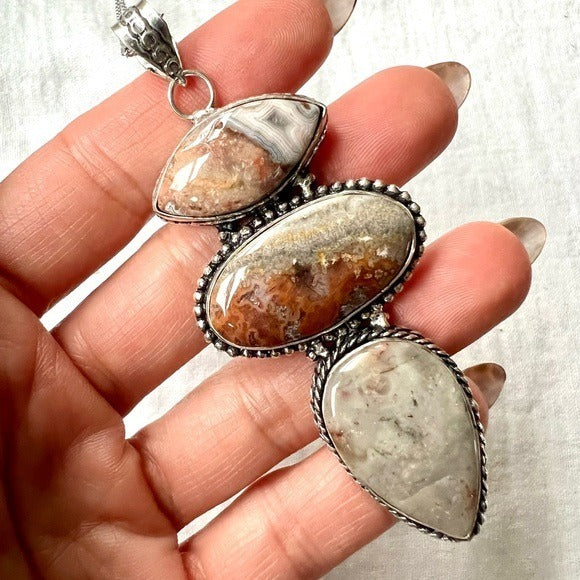 925 HUGE! Triple Crazy Lace Agate Pendant Necklace