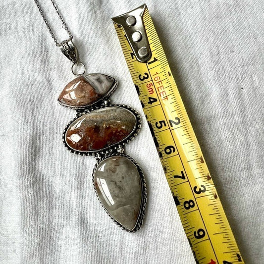 925 HUGE! Triple Crazy Lace Agate Pendant Necklace