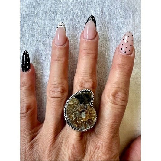925 Ammonite Fossil Past Lives Ring 7.75