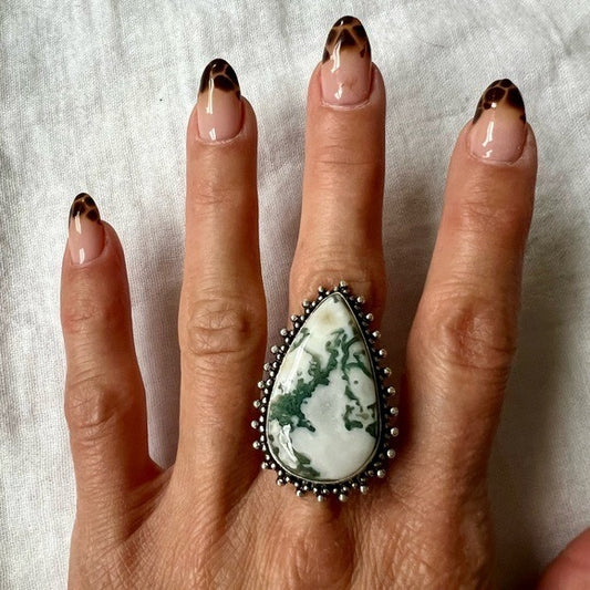 925 Mother Earth Moss Tree Agate Ring 7.5