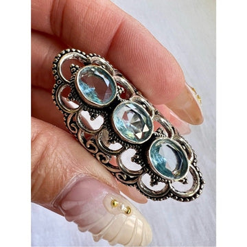925 Sky Blue Topaz Ornate Shield Ring 8.75