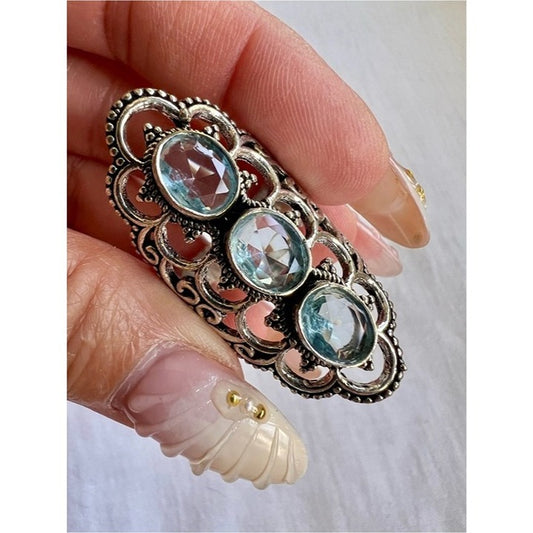 925 Sky Blue Topaz Ornate Shield Ring 8.75