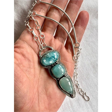 925 *FLAW* Caribbean Larimar Triple Stone Pendant Necklace