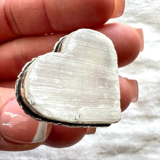 925 Raw Selenite Heart Ring 5