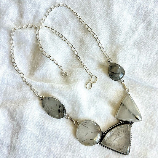 925 Geometric Tourmalated Quartz 5 Stone Necklace