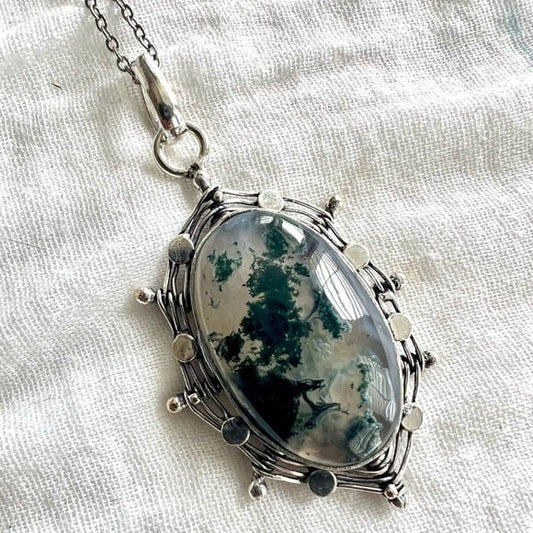 925 Organic Moss Agate Pendant Necklace