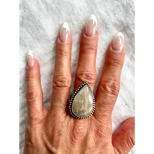 925 Purple Flash PEACH MOONSTONE Teardrop Ring 8.5