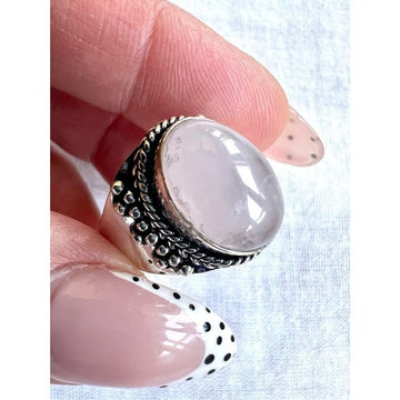 925 Rose Quartz Wide Band Ornate Ring 7.75