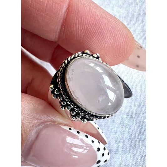 925 Rose Quartz Wide Band Ornate Ring 7.75