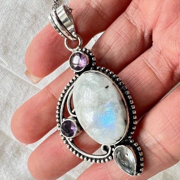 925 Ornate Amethyst + Rainbow Flash Moonstone Necklace Pendant