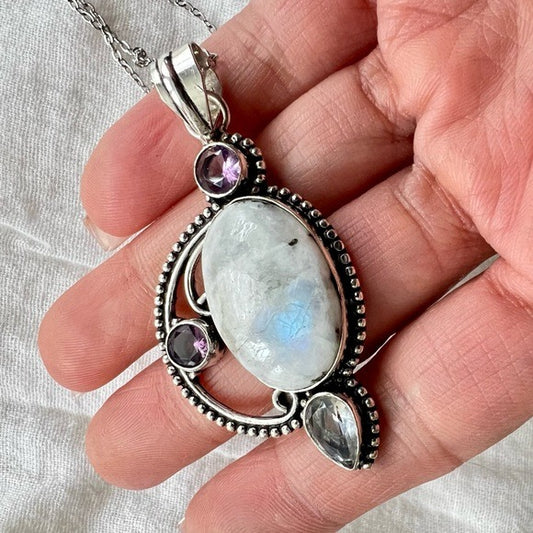 925 Ornate Amethyst + Rainbow Flash Moonstone Necklace Pendant