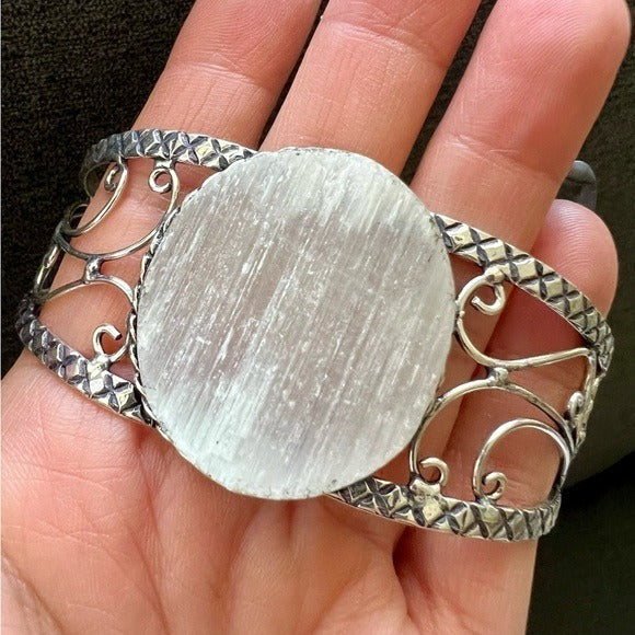 925 Round Crystal Charging SELENITE Cuff Bracelet