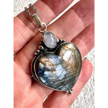 925 Ancient Light Gold Flash Labradorite + Moonstone Heart Necklace